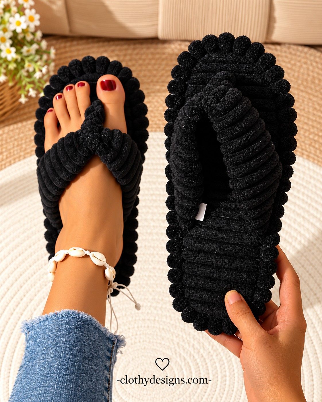 Women's Corduroy Plush House Slippers – Warm Winter Indoor Slides, Soft Flat Sole Flip-Flops